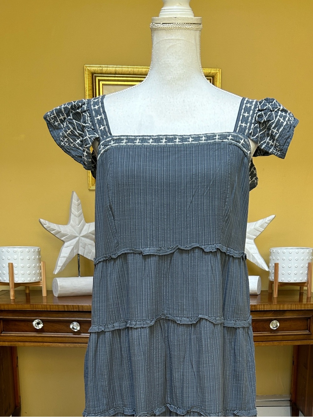 Knox Rose Square Neck Blue Grey Tiered Ruffle Embroidered Cotton LARGE Sundress - Picture 4 of 16